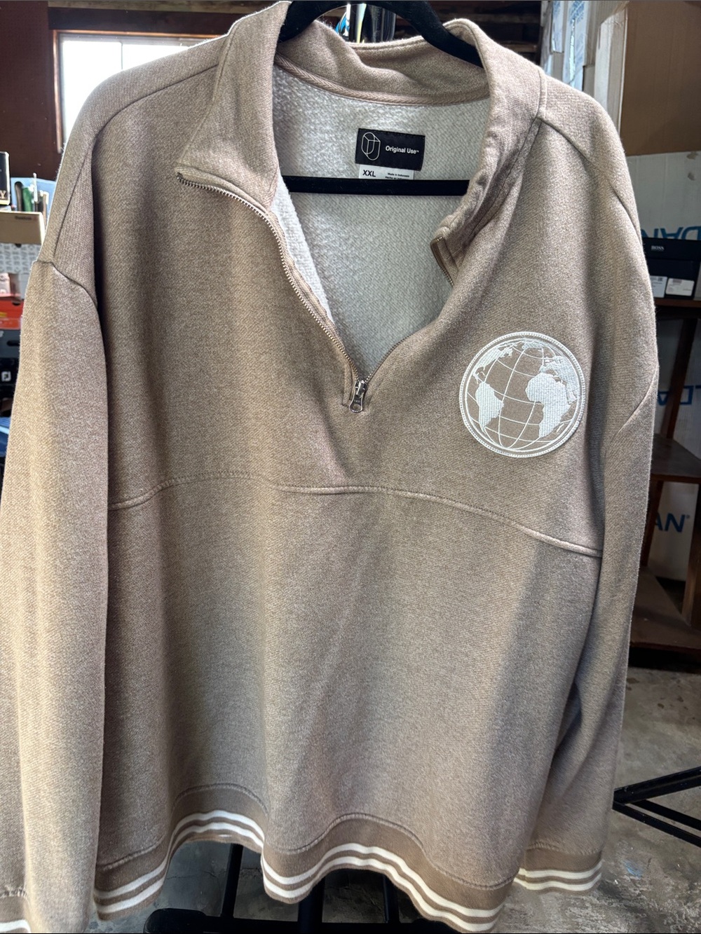 Original Use Taupe Quarter-Zip Pullover with Globe Patch